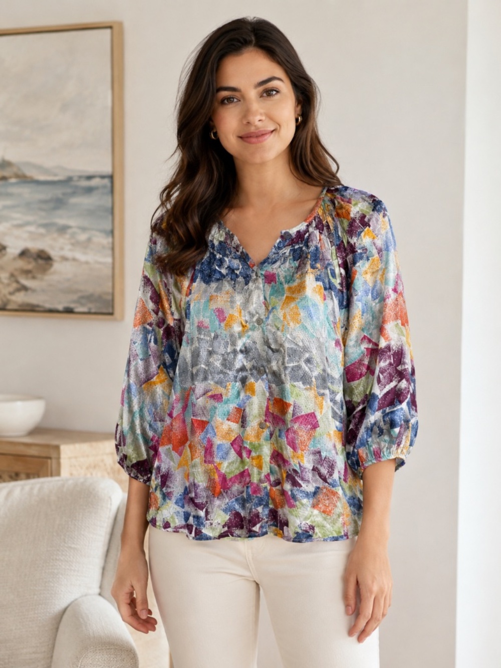 Tucker Silk Blouse Top Size M Abstract Print Boho 3/4 Sleeve Made USA